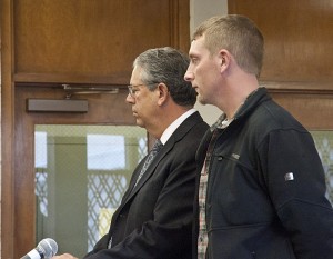 Chris Goodall, right, appeared at Bantam Superior Court on Dec. 2 on the charge of stealing from his neighbors Clinton Webb and Judith Eppolito. His lawyer is J.E. Townsend. Photo by Bruce Frisch.