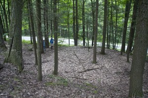 The flat area with sparse tree growth is telltale of a 19th-century charcoal pit.