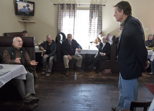 State Senator Kevin Witkos addresses Norfolk residents who came out to Haystack Pizza to meet him an discuss state issues. Photograph by Bruce Frisch