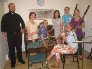 Smiles of a summer night: from left, Michael Ruminski, Weronika Balewski, Daniel Baer, Cholong Kang, Rachel Koeth, and Leah Kohn; in front, Jaci Wilkinson.