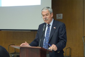 Michael Sconyers, chairman of the Board of Finance, presents the 2012-13 budget at the annual budget hearing.